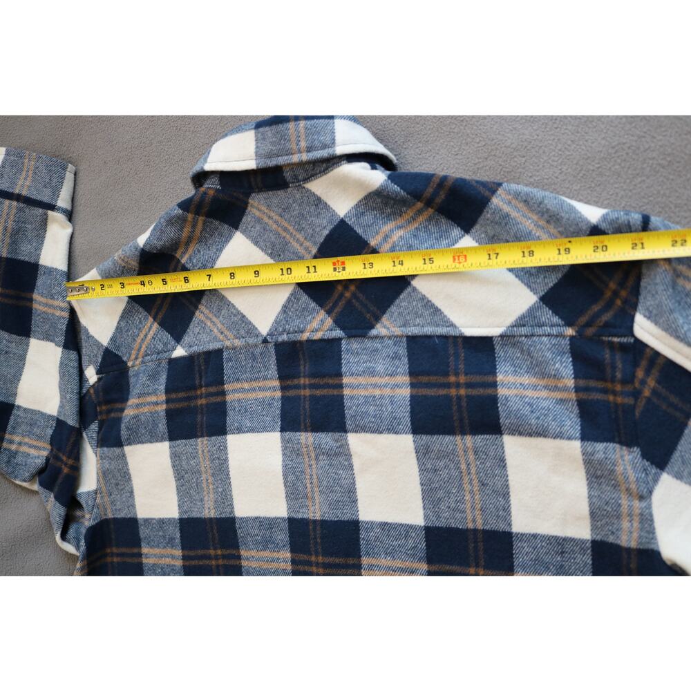 HFX Flannel Shirt Womens Medium Blue Brown White Plaid Flap Pockets Snap Buttons - Picture 7 of 16